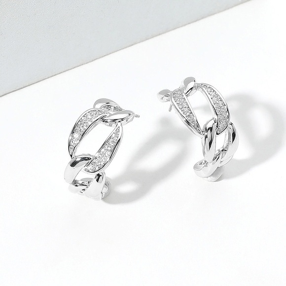 Elegant 14K WGP PAVE CHAIN MINI HOOP EARRINGS - Picture 2 of 2